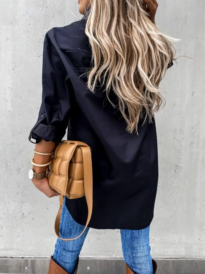 Black Long Sleeve Lapel Shirt Top for Women - Image 4