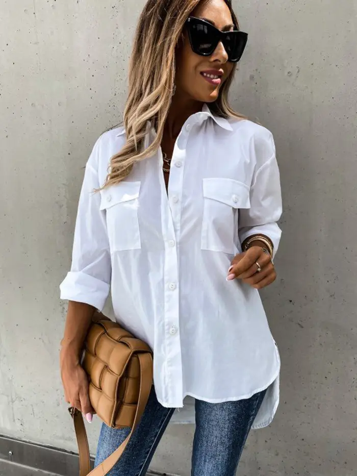Black Long Sleeve Lapel Shirt Top for Women - Image 5