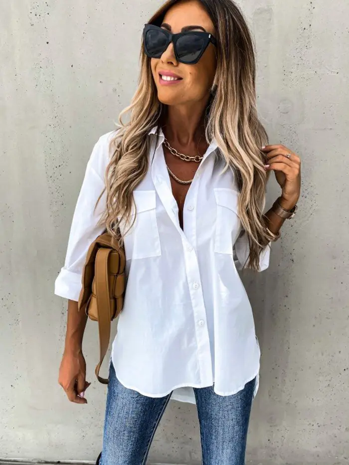 Black Long Sleeve Lapel Shirt Top for Women - Image 6