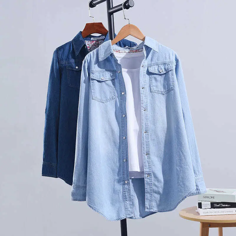 Women Denim Shirt Light Blue Long Sleeve Large - Image 4