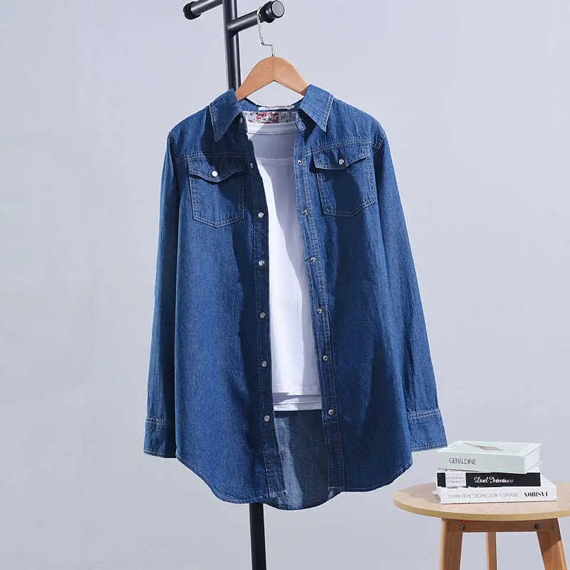 Women Denim Shirt Light Blue Long Sleeve Large - Image 5