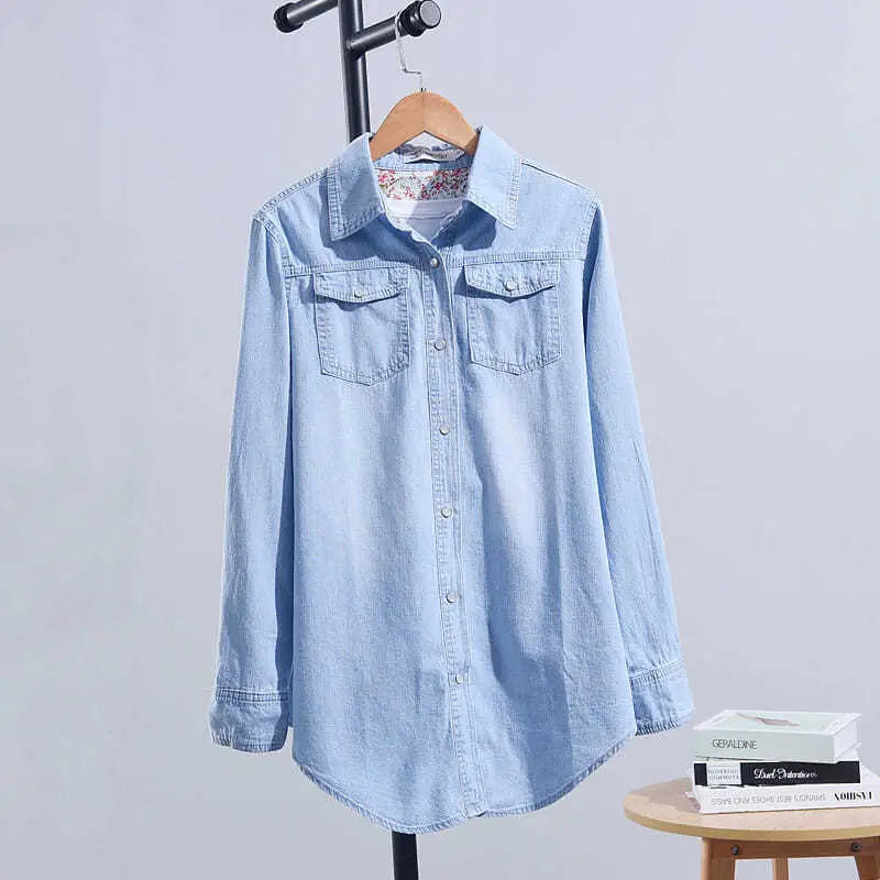 Women Denim Shirt Light Blue Long Sleeve Large - Image 6