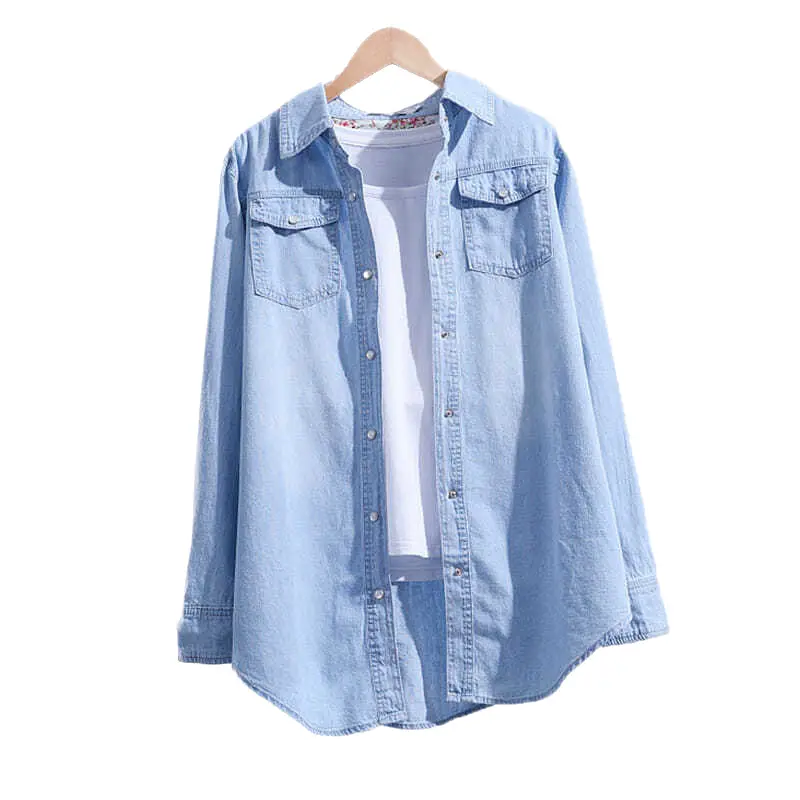 Women Denim Shirt Light Blue Long Sleeve Large - Image 7