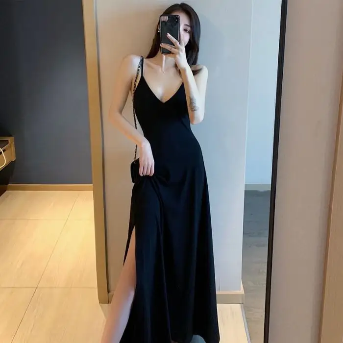 New Sling Dress Black Striped V-Neck Long Side Split - Image 3