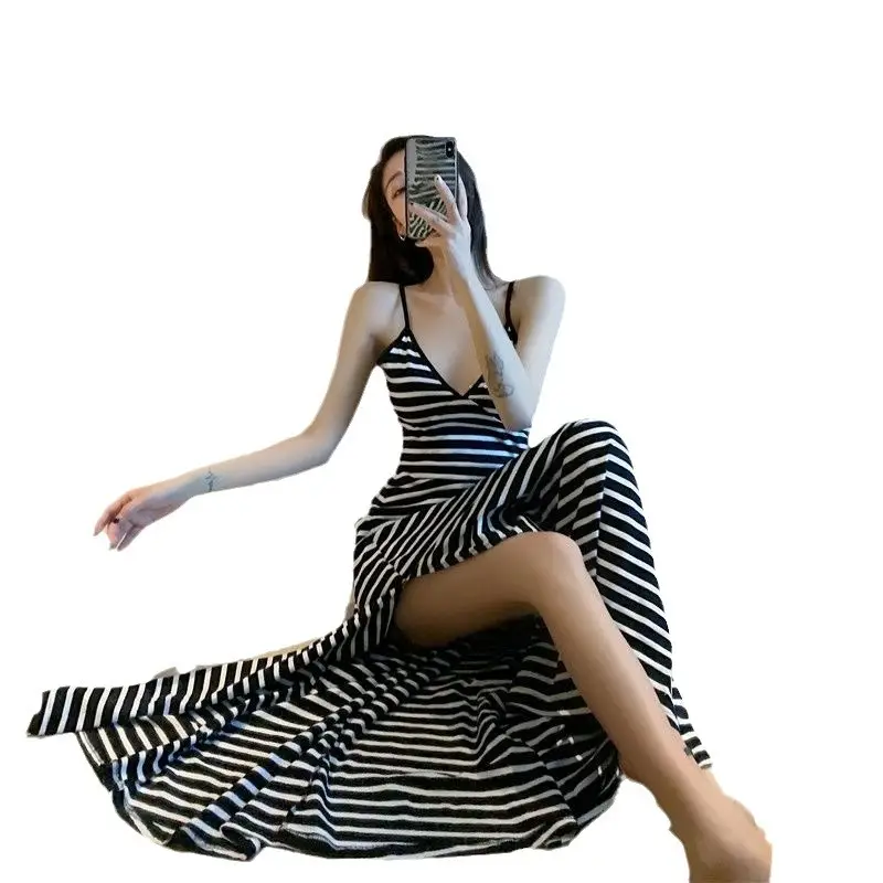 New Sling Dress Black Striped V-Neck Long Side Split - Image 7