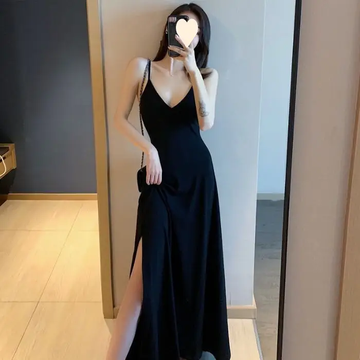 New Sling Dress Black Striped V-Neck Long Side Split — feature 2