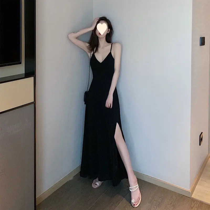 New Sling Dress Black Striped V-Neck Long Side Split — feature 4