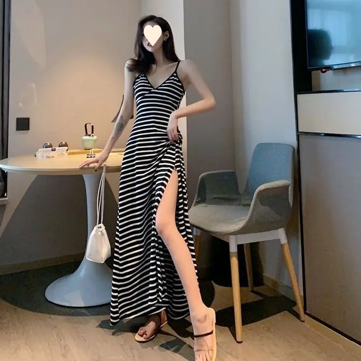 New Sling Dress Black Striped V-Neck Long Side Split — feature 5