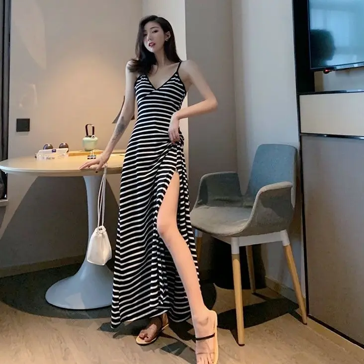 New Sling Dress Black Striped V-Neck Long Side Split - Image 2