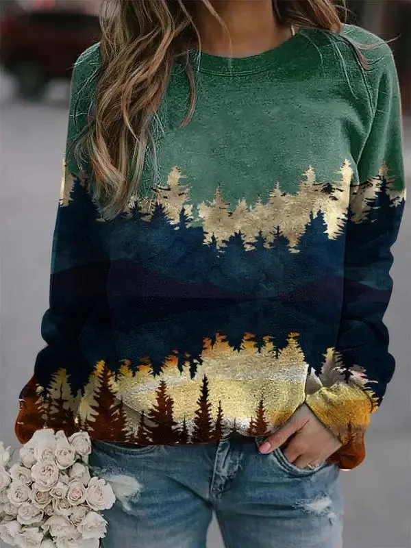 2020 Autumn Winter Printed Sweatshirt Long Sleeve Green Blue - Image 2