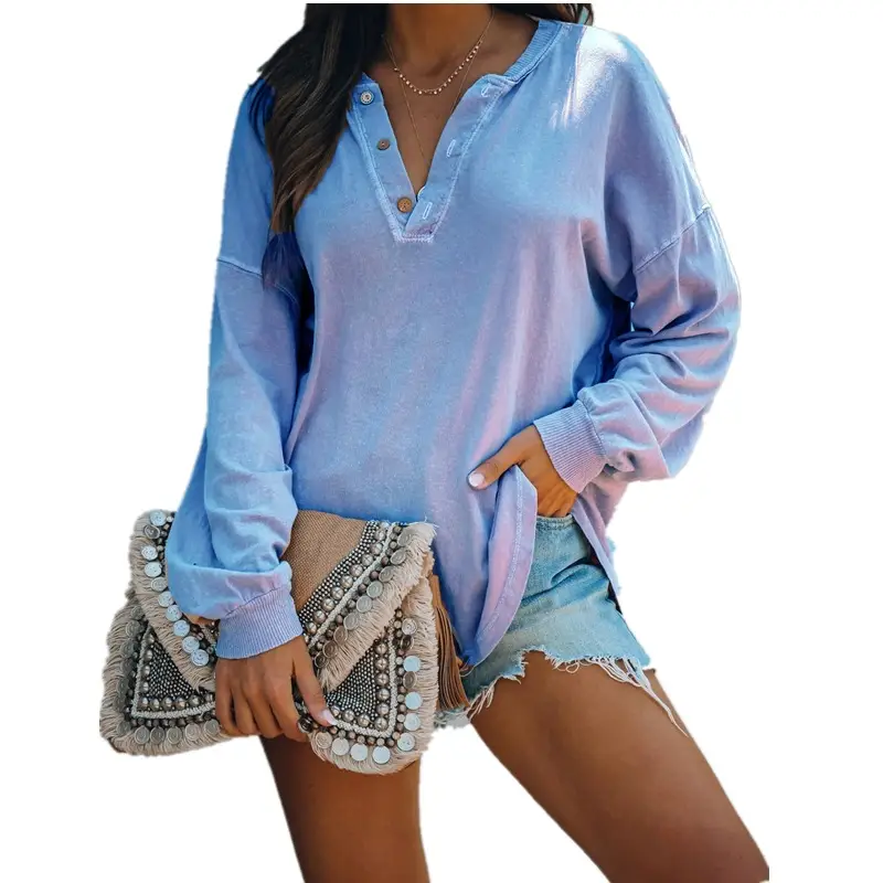 2021 V-Neck Long Sleeve Button Top Shirt Blue - Image 5