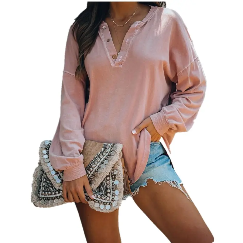 2021 V-Neck Long Sleeve Button Top Shirt Blue - Image 3