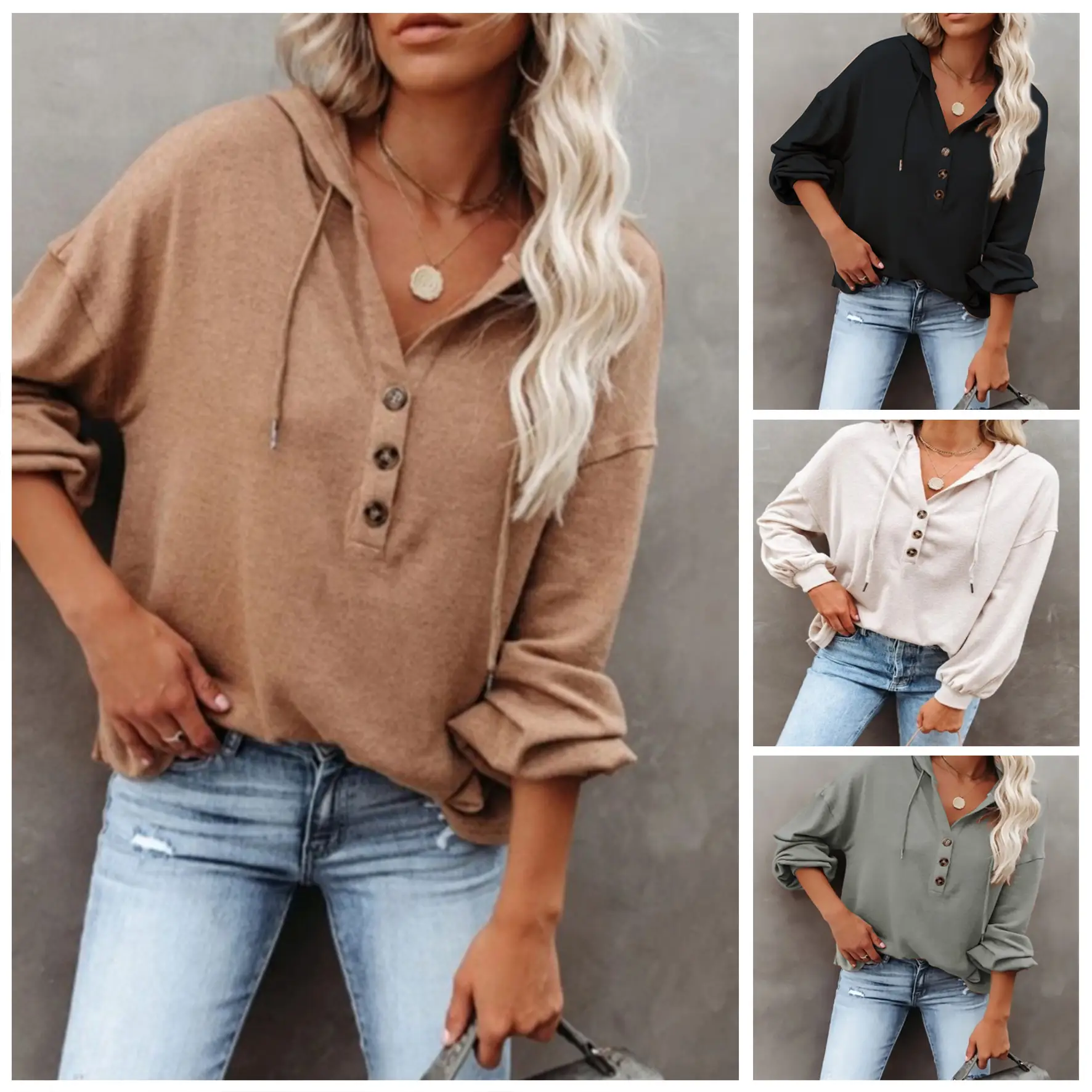 2021 V-Neck Long Sleeve Button Top Shirt Blue — feature 37