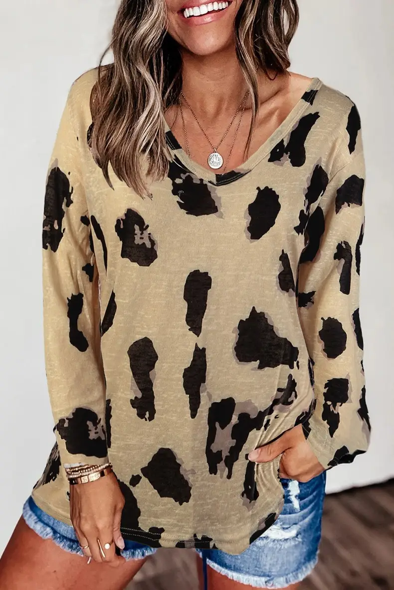 2021 V-Neck Long Sleeve Button Top Shirt Blue — feature 44