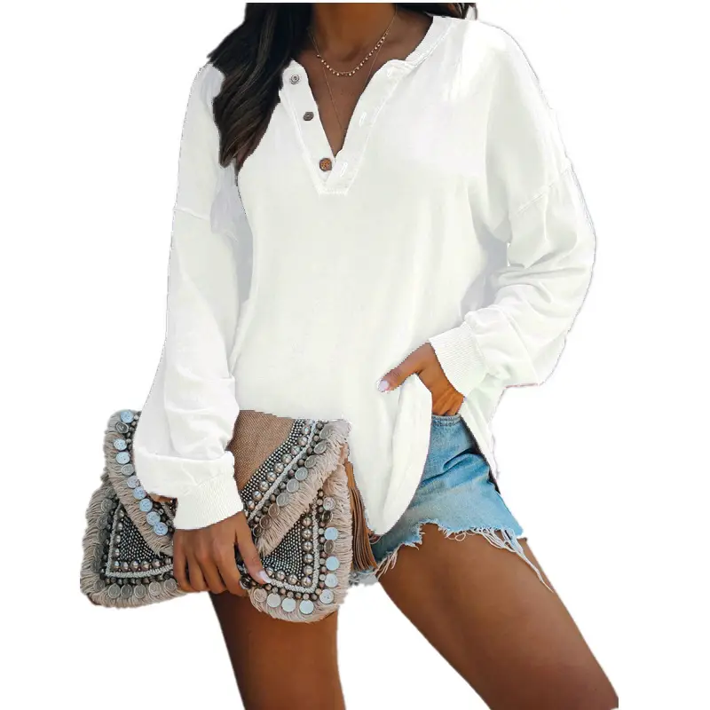 2021 V-Neck Long Sleeve Button Top Shirt Blue - Image 4