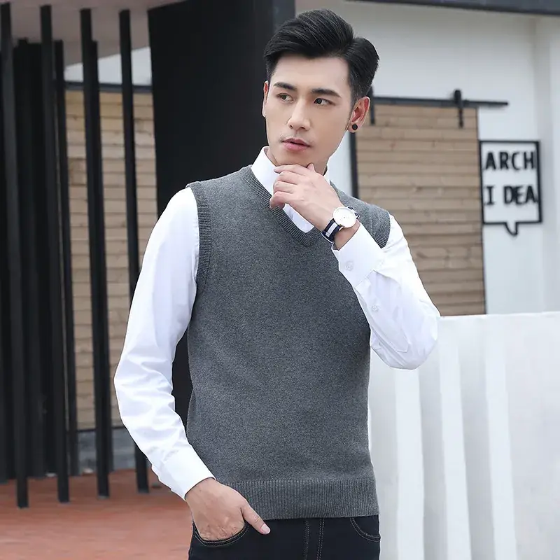 Men's V-neck Wool Vest Grey Slim Fit - Image 3