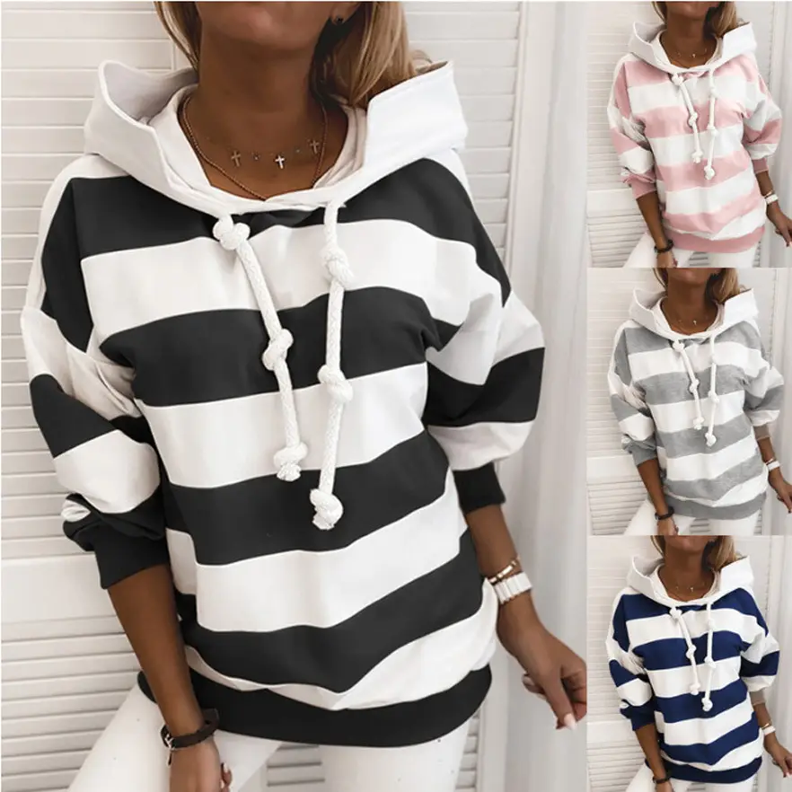 Women's Black White Striped Hooded Sweat Top - Image 6
