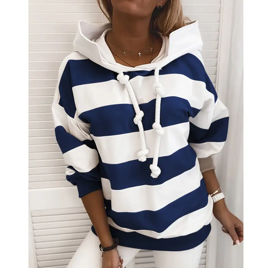 Women's Black White Striped Hooded Sweat Top - Image 7