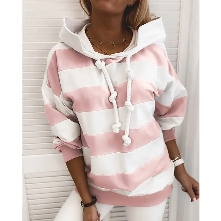 Women's Black White Striped Hooded Sweat Top - Image 9