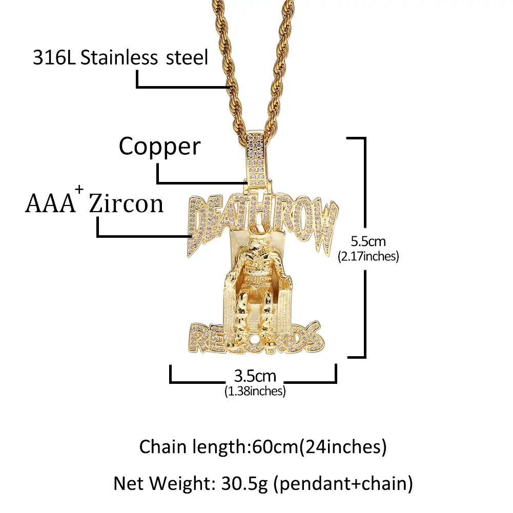 Death Row Zircon Pendant Gold Chain Necklace 316L Steel Copper AAA Zircon - Image 8
