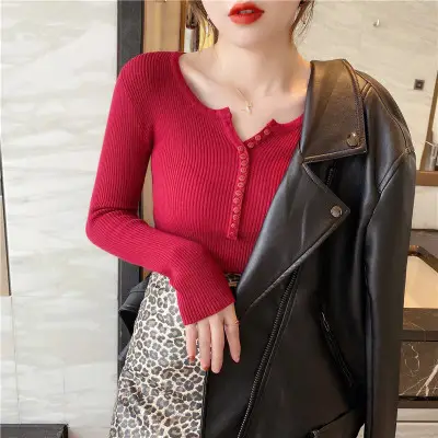 V Neck Knitwear Women 2025 Spring Fall Slim Fit Shirt - Image 2