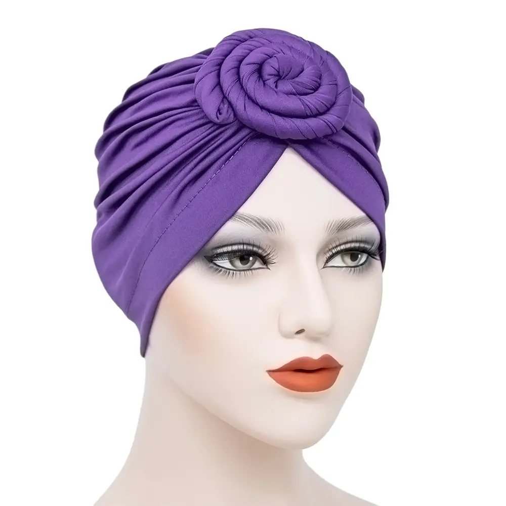 Purple Silk Flower Hat for Women Muslim Milk Silk Turban