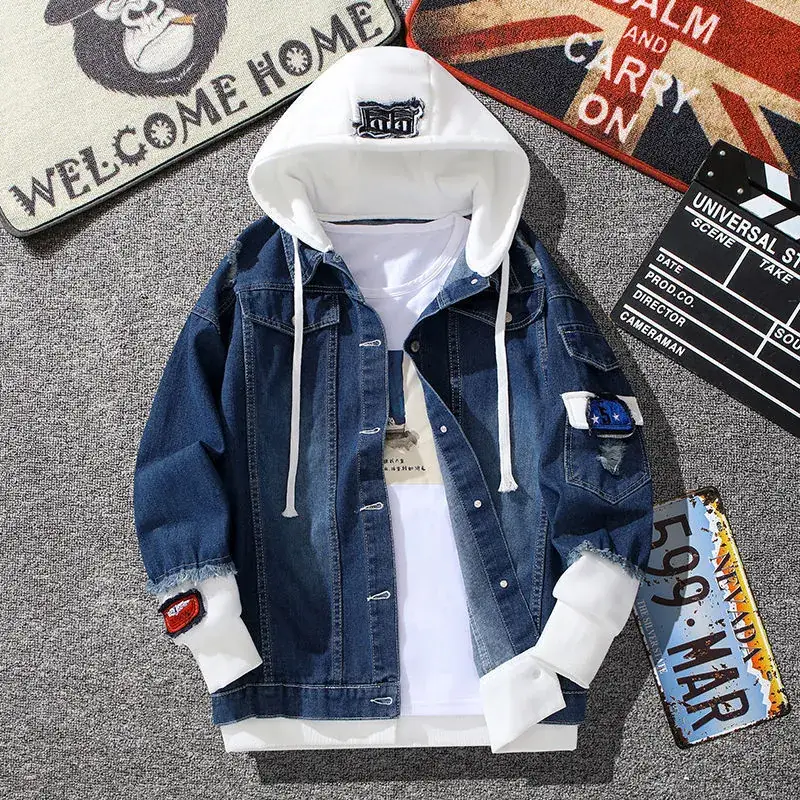 Men Korean Style Hooded Denim Jacket Slim Fit Winter - Image 7