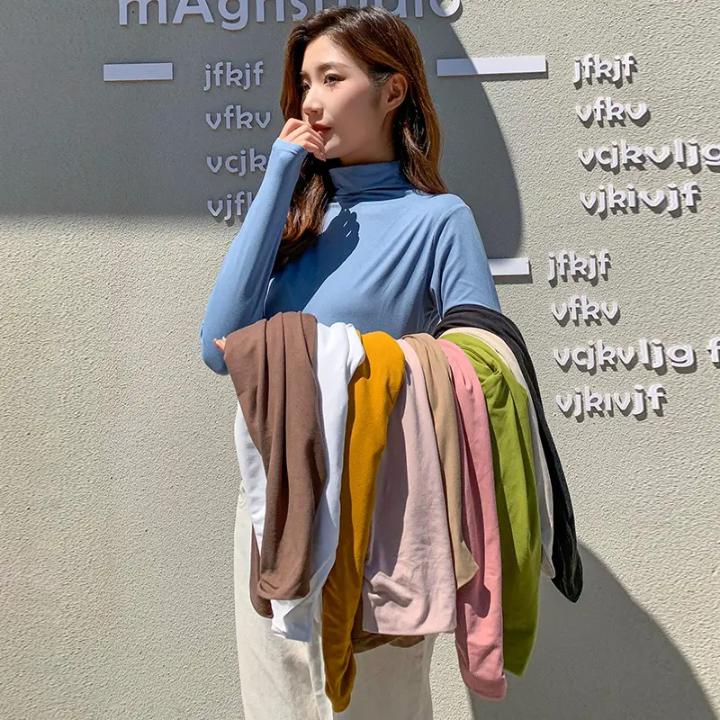 Women Long Sleeve Milk Silk Turtleneck Shirt White