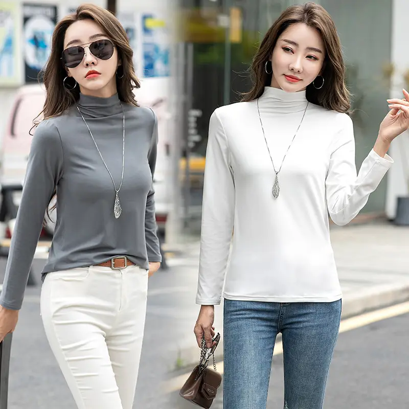 Women Long Sleeve Milk Silk Turtleneck Shirt White