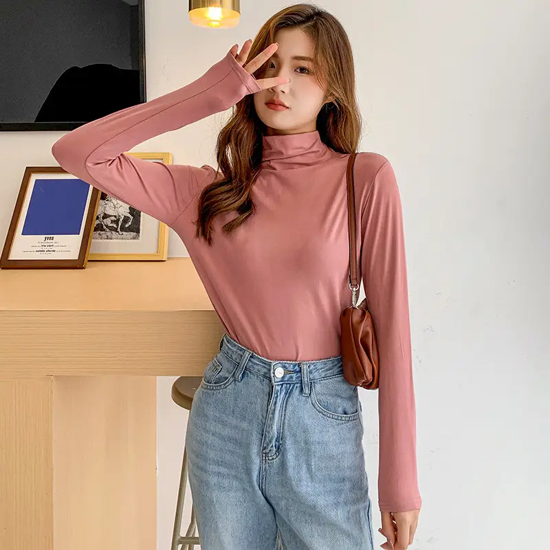 Women Long Sleeve Milk Silk Turtleneck Shirt White