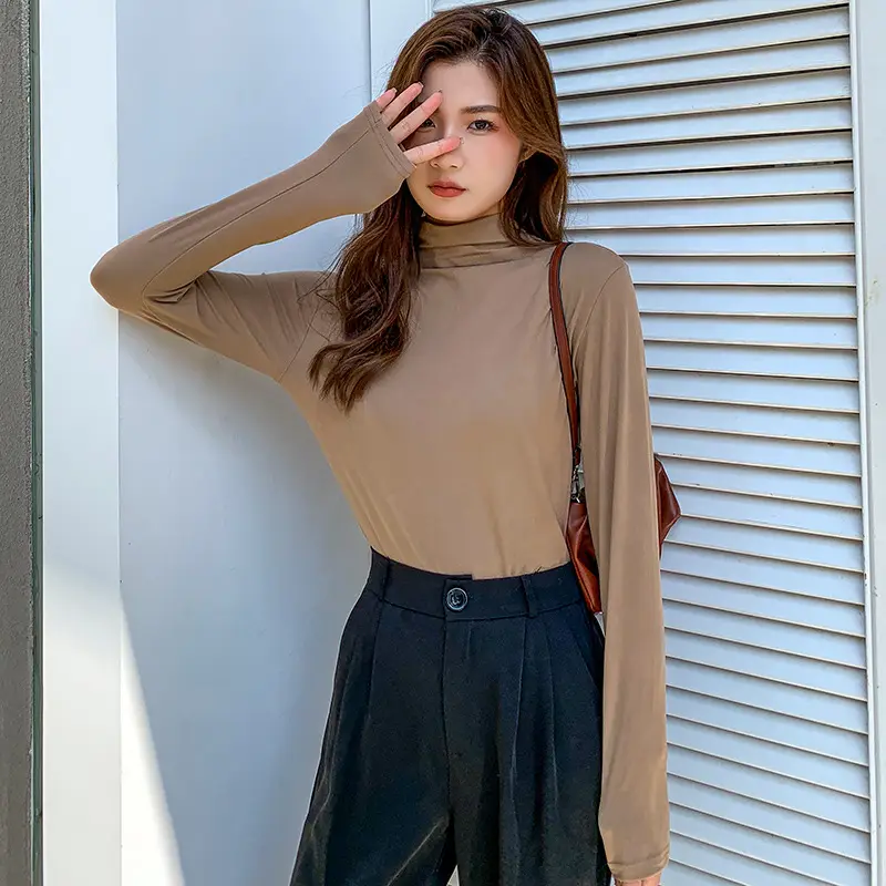 Women Long Sleeve Milk Silk Turtleneck Shirt White