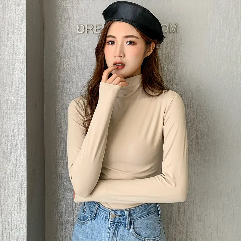 Women Long Sleeve Milk Silk Turtleneck Shirt White