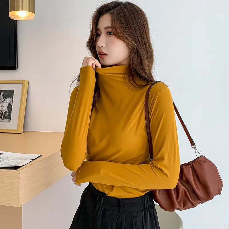 Women Long Sleeve Milk Silk Turtleneck Shirt White