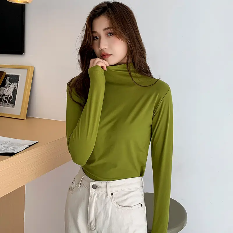 Women Long Sleeve Milk Silk Turtleneck Shirt White