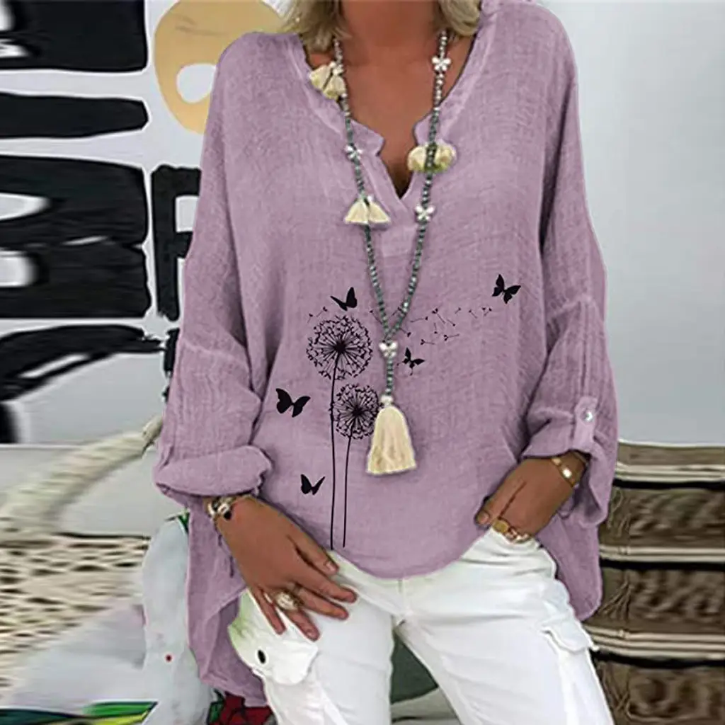 V Neck Daisy Print Cotton Top Purple Plus Size - Image 12