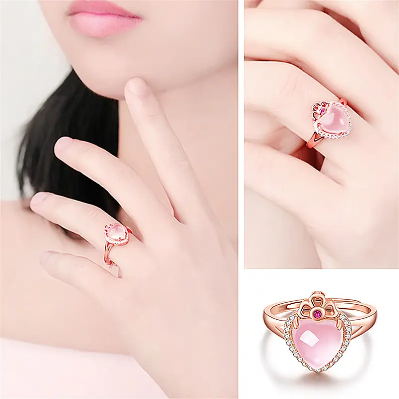 Pink Crystal Hollow Love Crown Ring with Diamond Set - Image 5