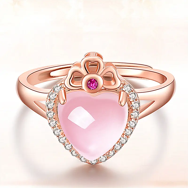 Pink Crystal Hollow Love Crown Ring with Diamond Set - Image 6