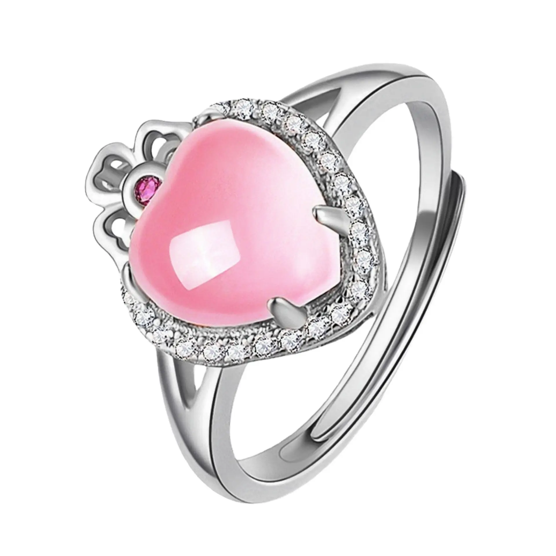 Pink Crystal Hollow Love Crown Ring with Diamond Set - Image 2