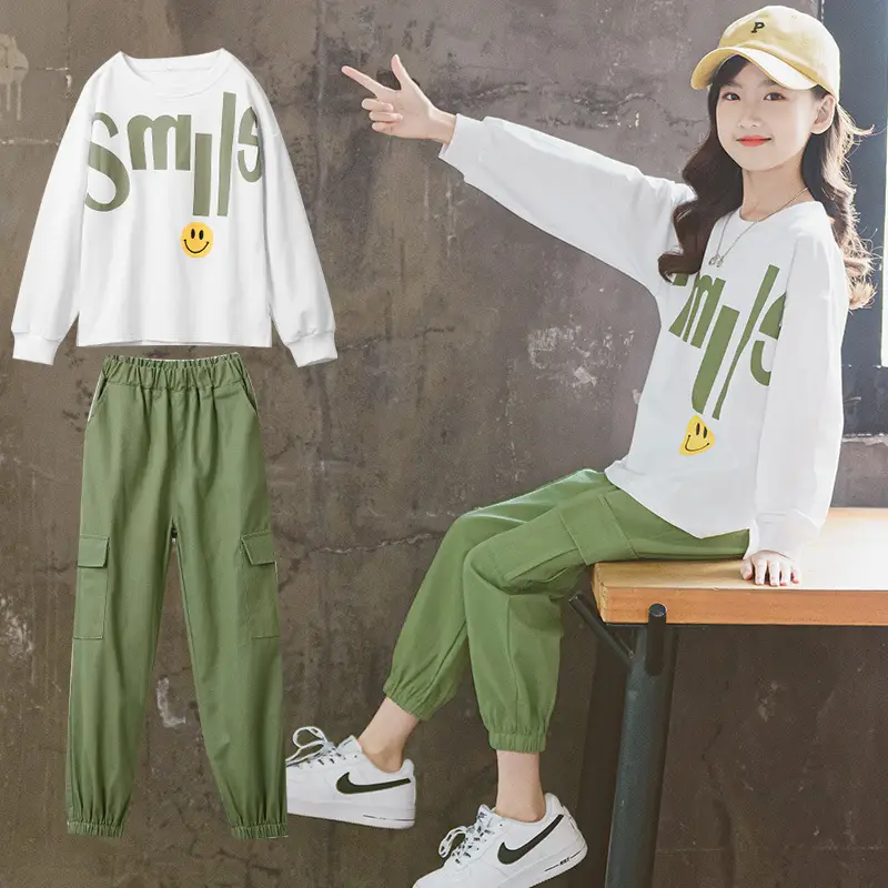 Girls Suits Autumn 2024 Kids Sports Style Green White - Image 2
