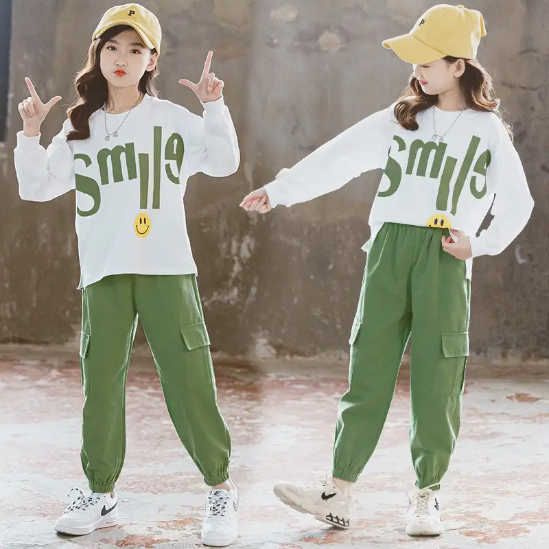 Girls Suits Autumn 2024 Kids Sports Style Green White - Image 3
