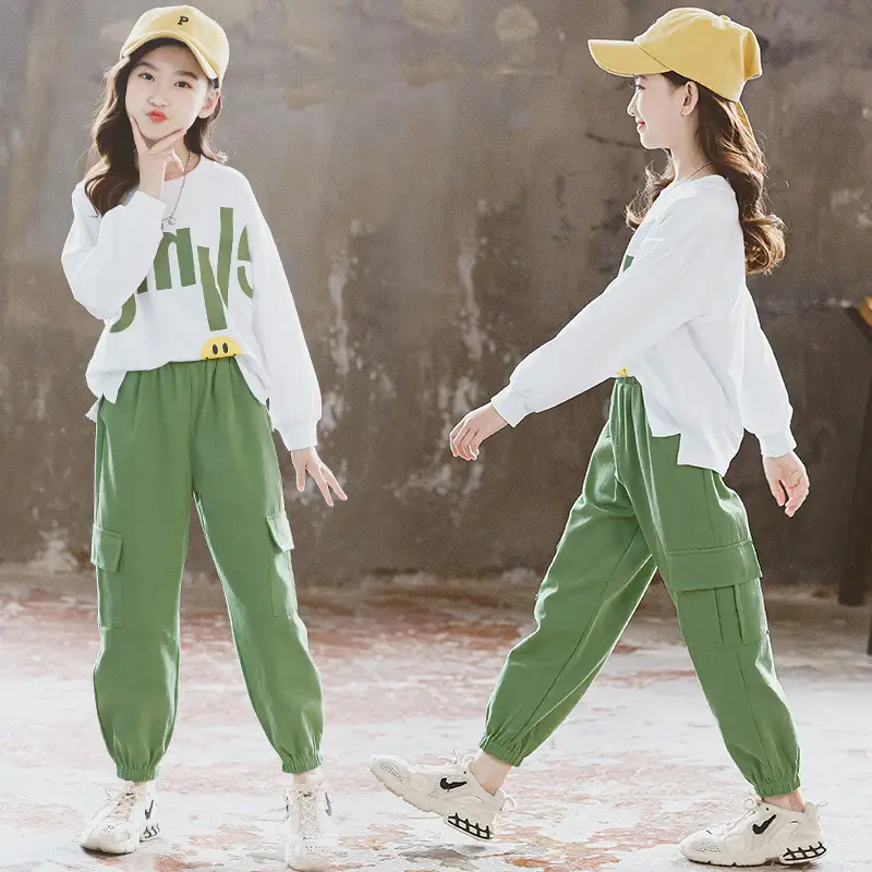 Girls Suits Autumn 2024 Kids Sports Style Green White - Image 4