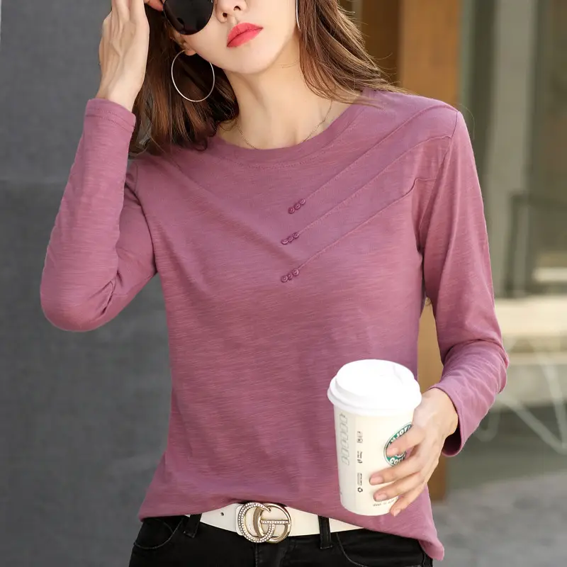 Women White Round Neck Long Sleeve T-Shirt Slub Cotton - Image 5