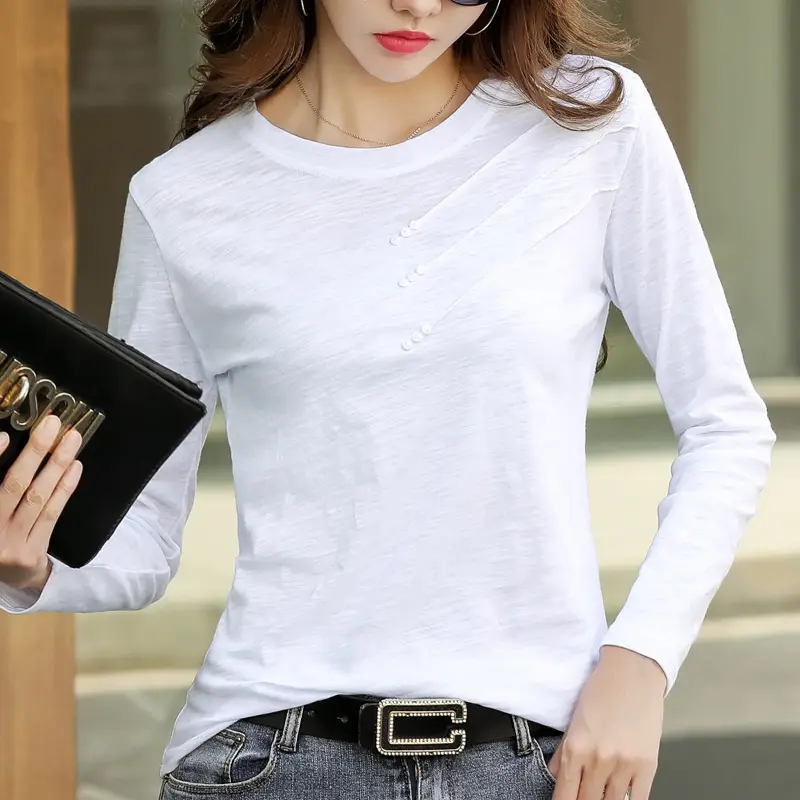 Women White Round Neck Long Sleeve T-Shirt Slub Cotton - Image 8