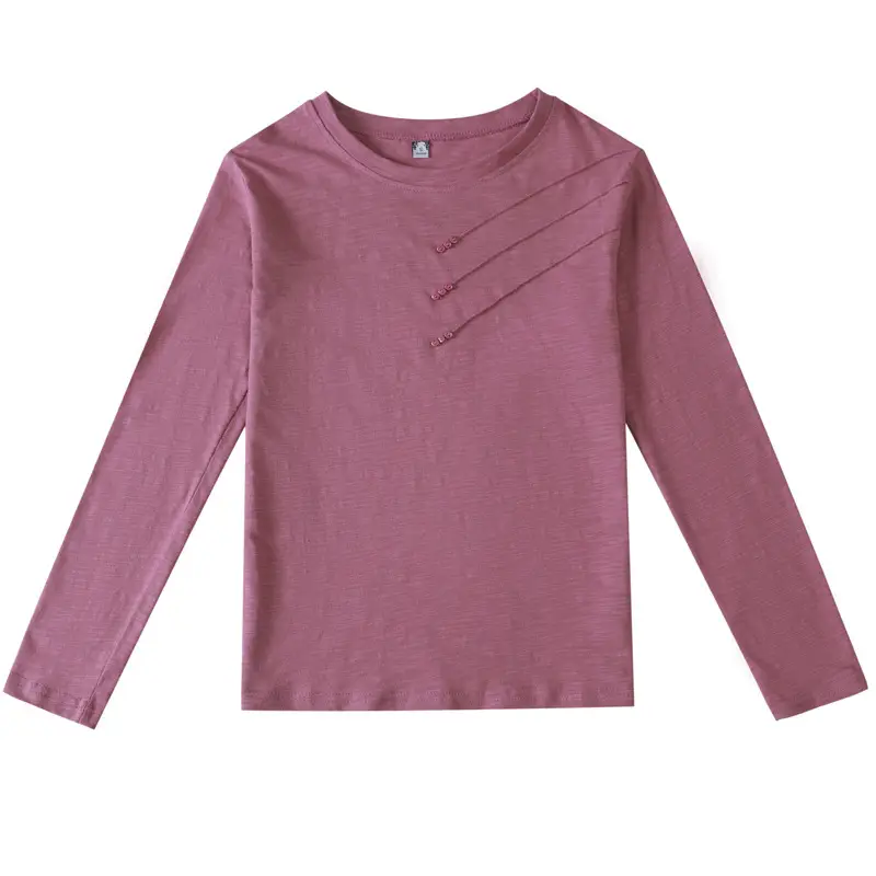 Women White Round Neck Long Sleeve T-Shirt Slub Cotton - Image 9