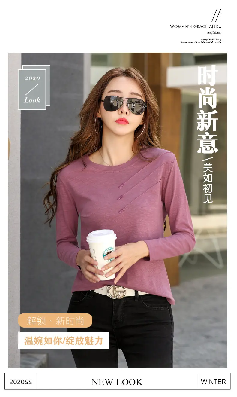 Women White Round Neck Long Sleeve T-Shirt Slub Cotton — feature 1