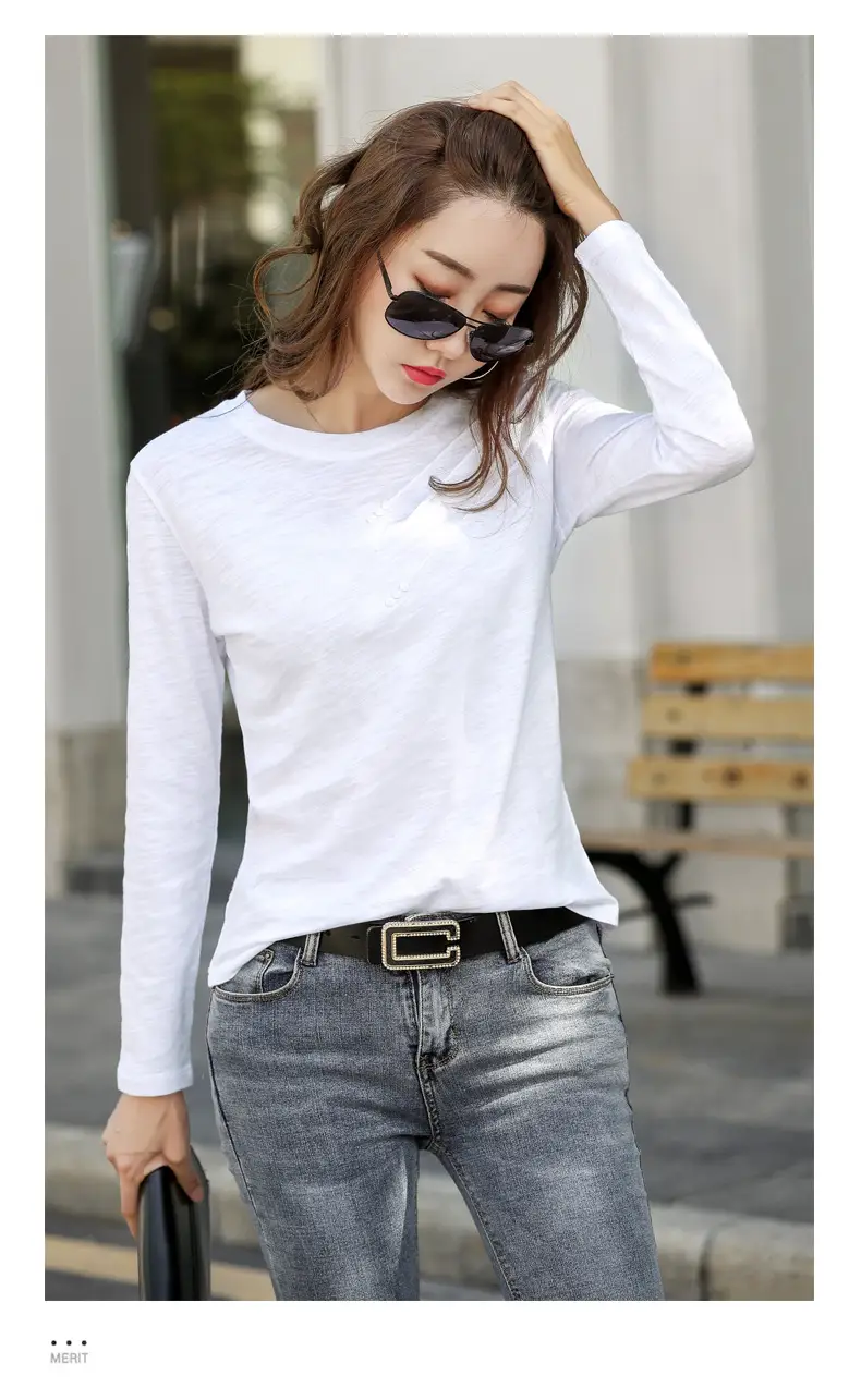 Women White Round Neck Long Sleeve T-Shirt Slub Cotton — feature 10