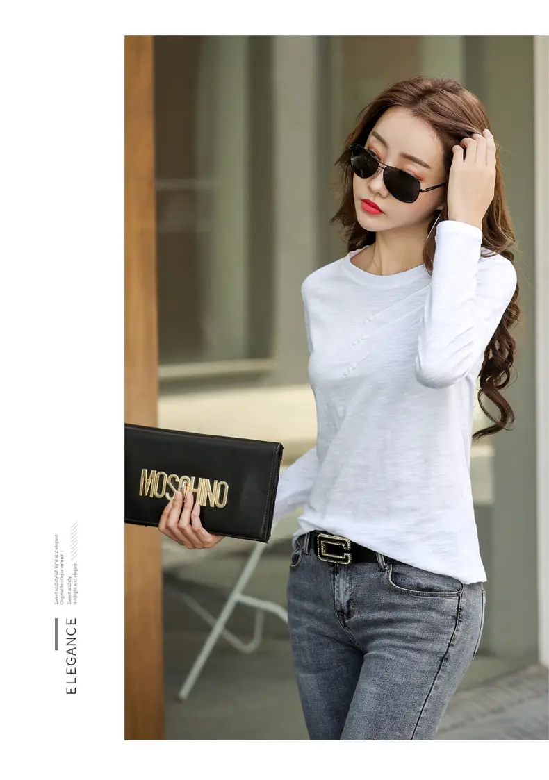Women White Round Neck Long Sleeve T-Shirt Slub Cotton — feature 12