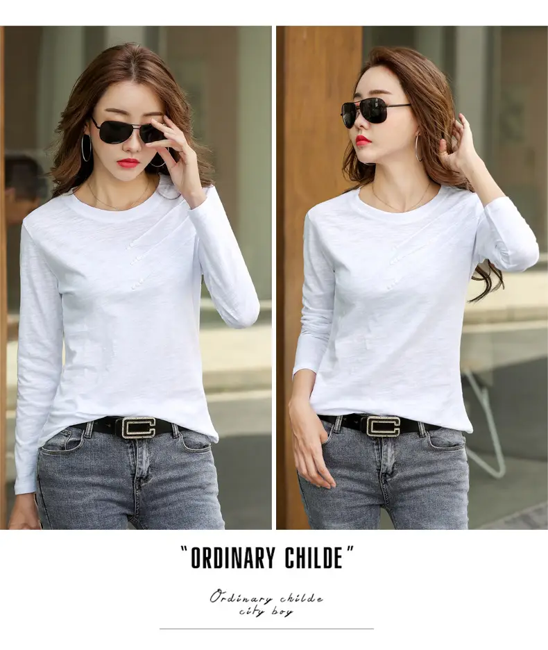 Women White Round Neck Long Sleeve T-Shirt Slub Cotton — feature 13