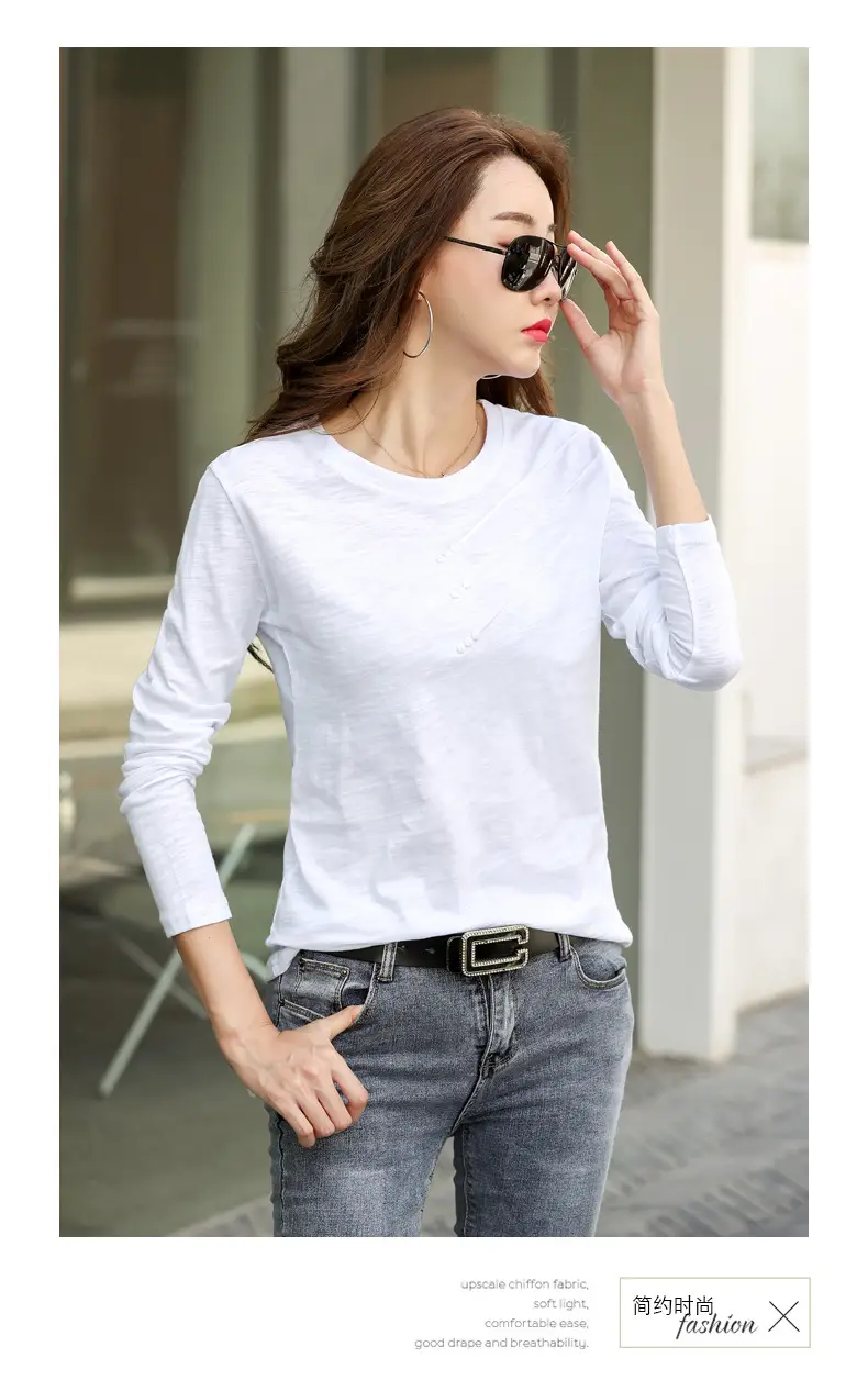 Women White Round Neck Long Sleeve T-Shirt Slub Cotton — feature 14