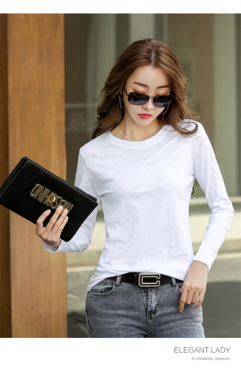Women White Round Neck Long Sleeve T-Shirt Slub Cotton — feature 15